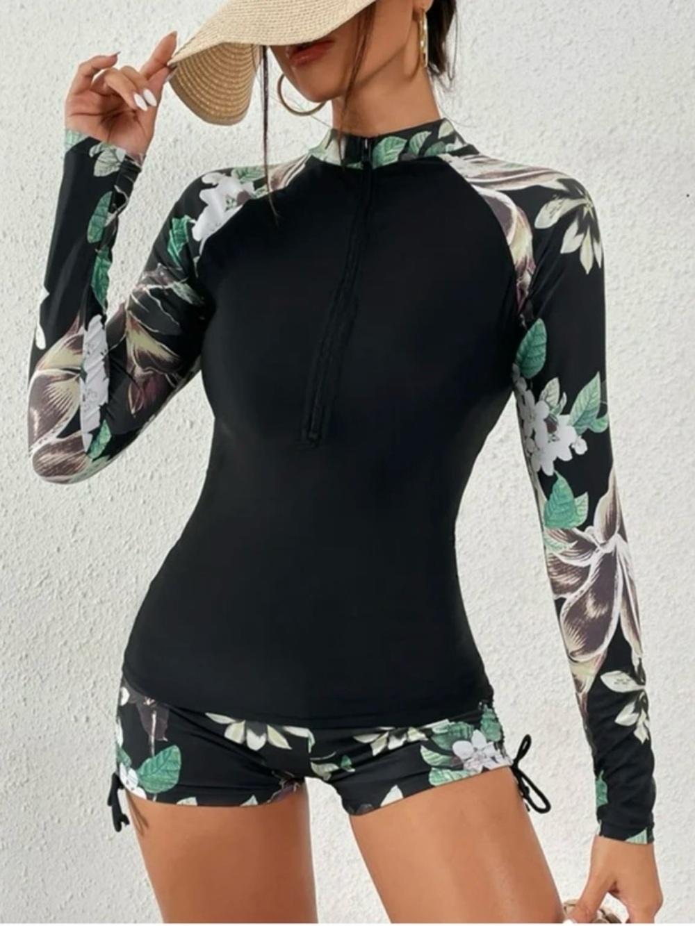 Long Sleeve Black Floral Rash Guard Swim Top and bottom - Women - Picture 3 of 8